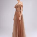 Asymmetric Caramel Mesh Gown