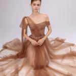 Asymmetric Caramel Mesh Gown