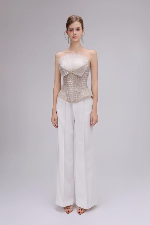 Structured Crystal-studded Corset & White Wide Pants